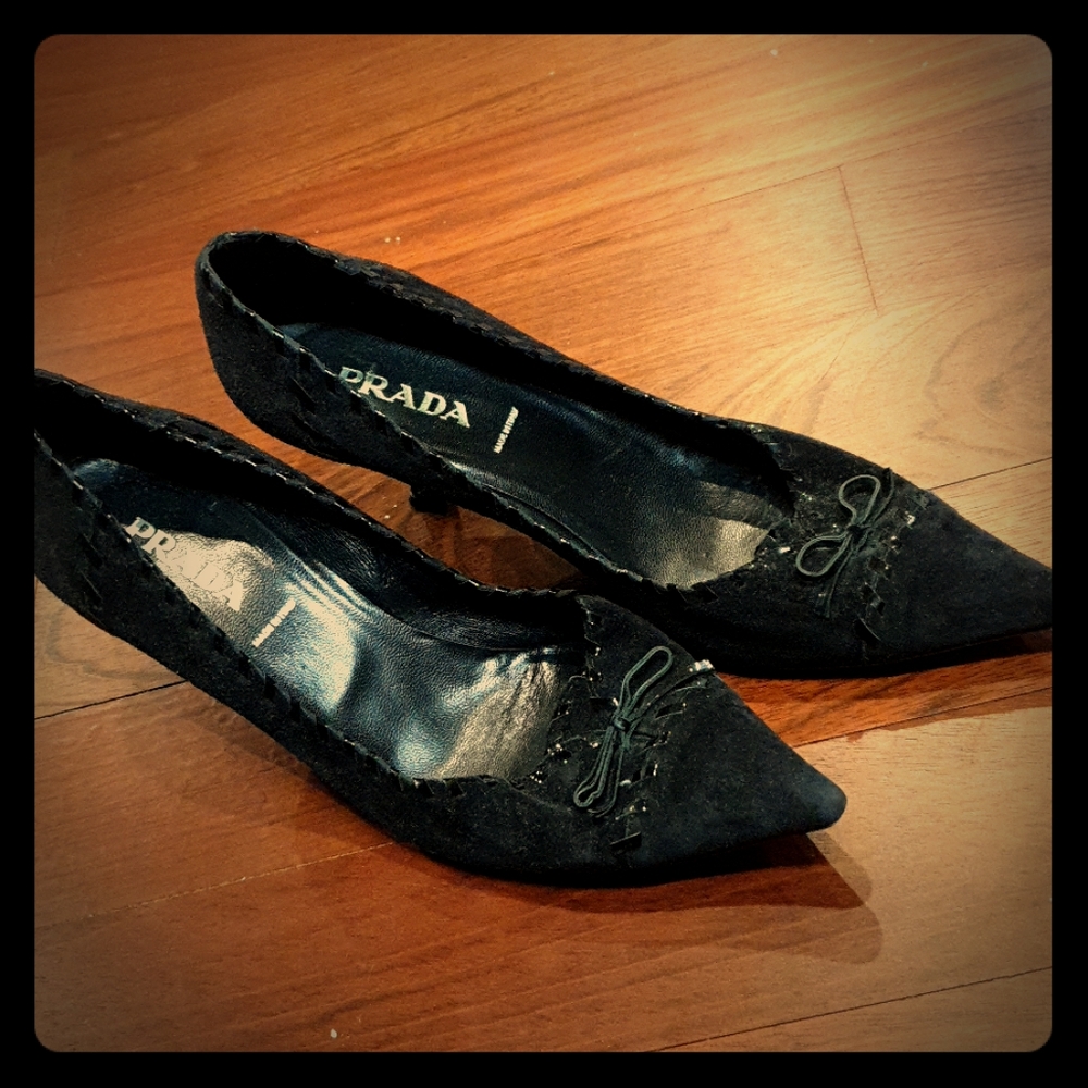 PRADA Suede Kitten Heels Patent Leather Details
